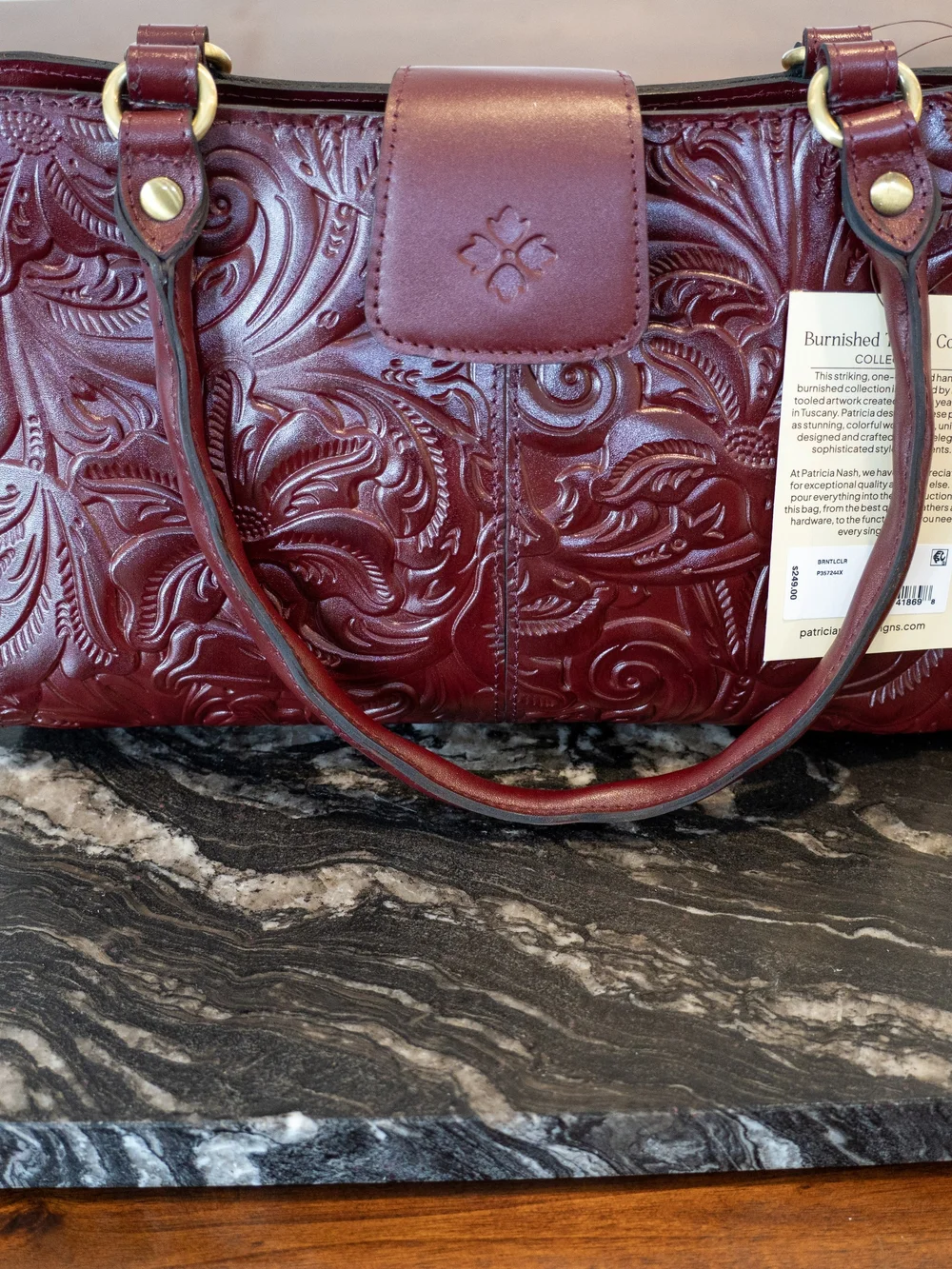 Embossed Floral Leather Satchel Bag